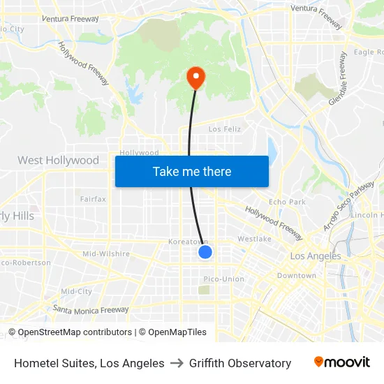 Hometel Suites, Los Angeles to Griffith Observatory map