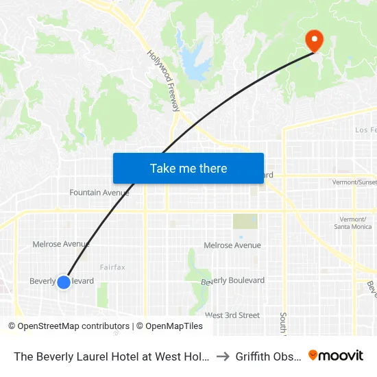 The Beverly Laurel Hotel at West Hollywood, Los Angeles to Griffith Observatory map