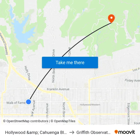 Hollywood &amp; Cahuenga Blvd. to Griffith Observatory map