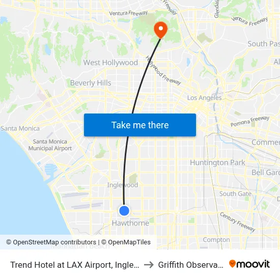 Trend Hotel at LAX Airport, Inglewood to Griffith Observatory map