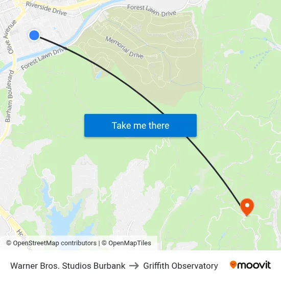 Warner Bros. Studios Burbank to Griffith Observatory map