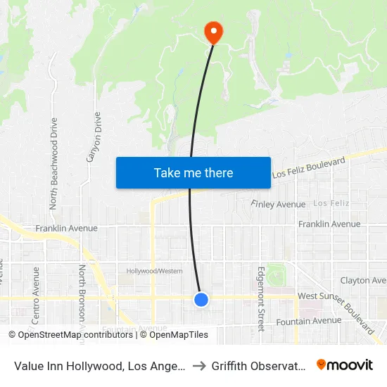 Value Inn Hollywood, Los Angeles to Griffith Observatory map
