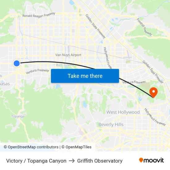 Victory / Topanga Canyon to Griffith Observatory map