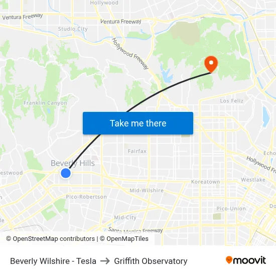 Beverly Wilshire - Tesla to Griffith Observatory map