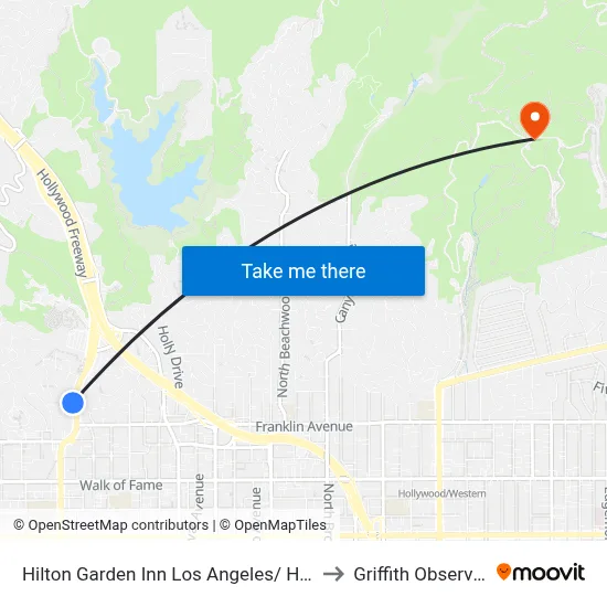 Hilton Garden Inn Los Angeles/ Hollywood to Griffith Observatory map