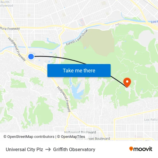 Universal City Plz to Griffith Observatory map
