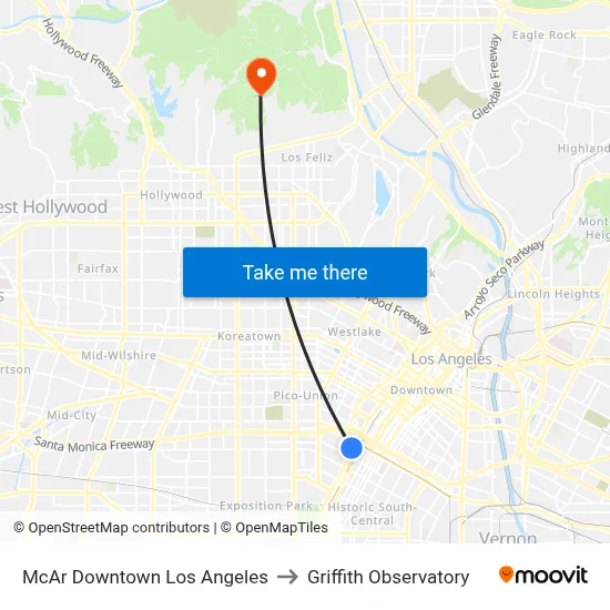 McAr Downtown Los Angeles to Griffith Observatory map