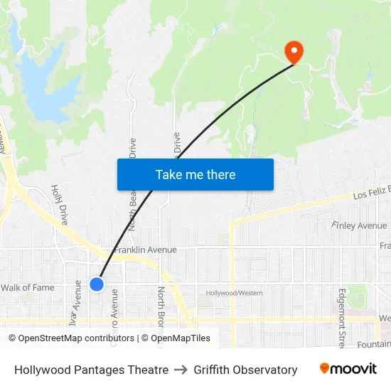 Hollywood Pantages Theatre to Griffith Observatory map
