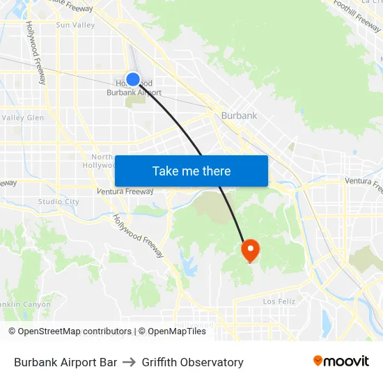 Burbank Airport Bar to Griffith Observatory map