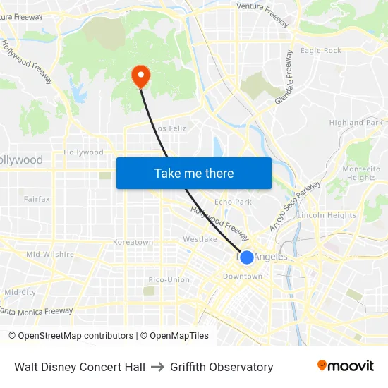 Walt Disney Concert Hall to Griffith Observatory map