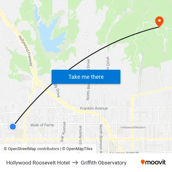 Hollywood Roosevelt Hotel to Griffith Observatory map