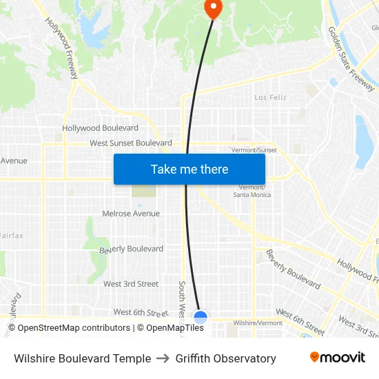 Wilshire Boulevard Temple to Griffith Observatory map