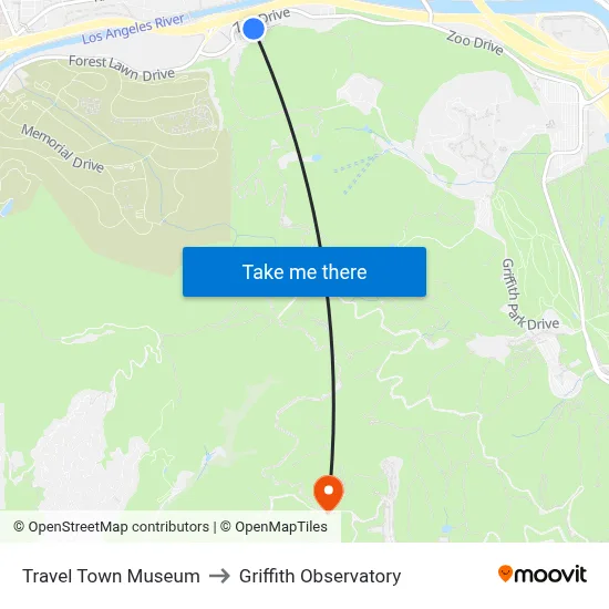 Travel Town Museum to Griffith Observatory map