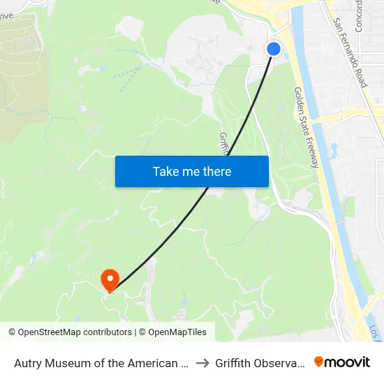 Autry Museum of the American West to Griffith Observatory map