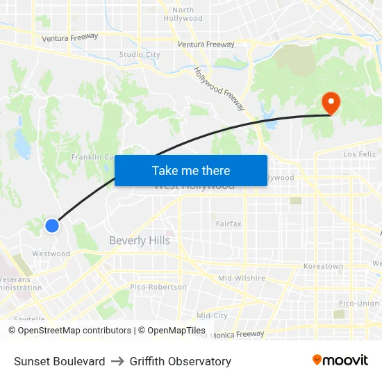Sunset Boulevard to Griffith Observatory map