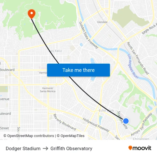 Dodger Stadium to Griffith Observatory map