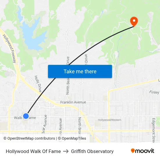 Hollywood Walk Of Fame to Griffith Observatory map