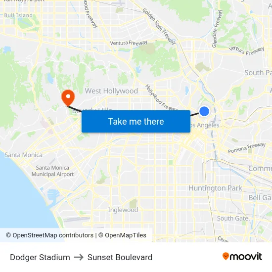 Dodger Stadium to Sunset Boulevard map
