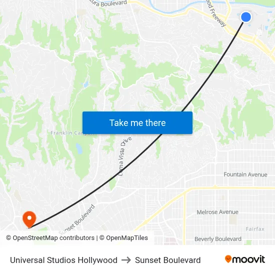 Universal Studios Hollywood to Sunset Boulevard map
