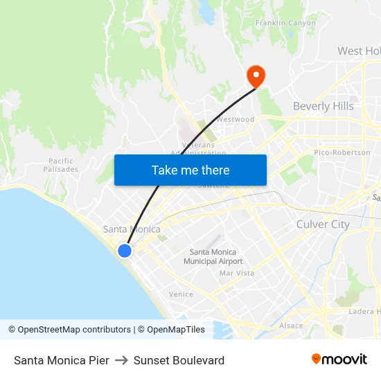 Santa Monica Pier to Sunset Boulevard map