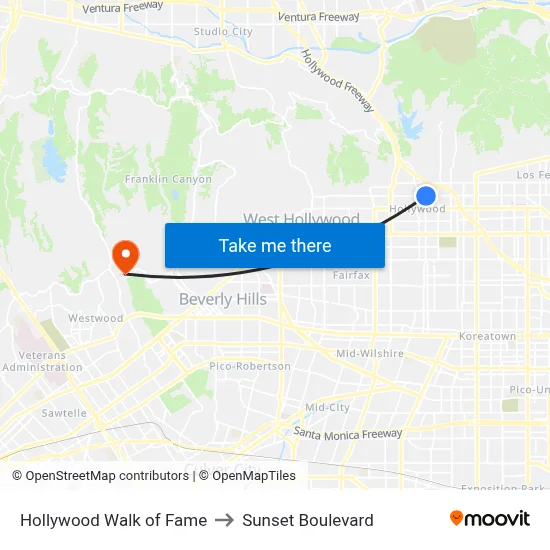 Hollywood Walk of Fame to Sunset Boulevard map