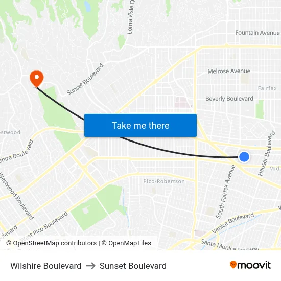 Wilshire Boulevard to Sunset Boulevard map