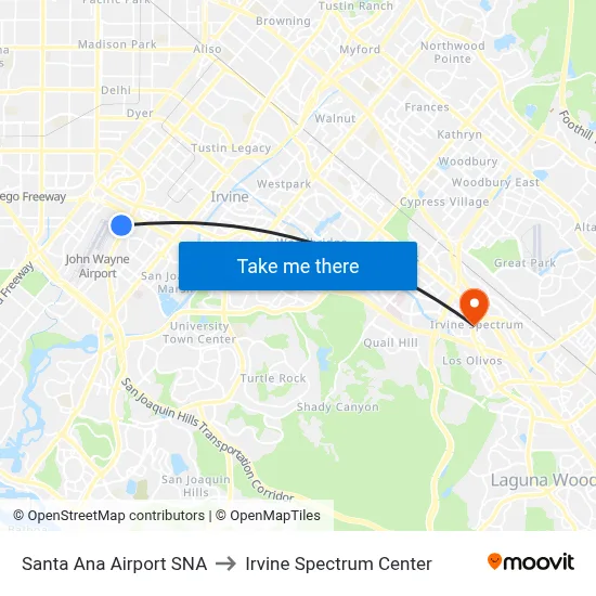 Santa Ana Airport SNA to Irvine Spectrum Center map
