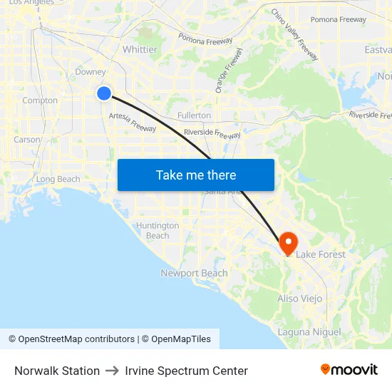 Norwalk Station to Irvine Spectrum Center map