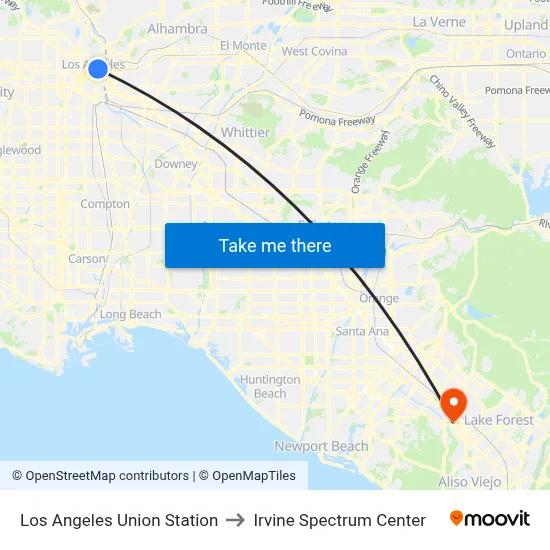 Los Angeles Union Station to Irvine Spectrum Center map