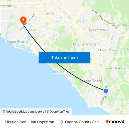 Mission San Juan Capistrano Station to Orange County Fairgrounds map