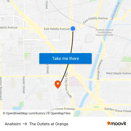 Anaheim to The Outlets at Orange map