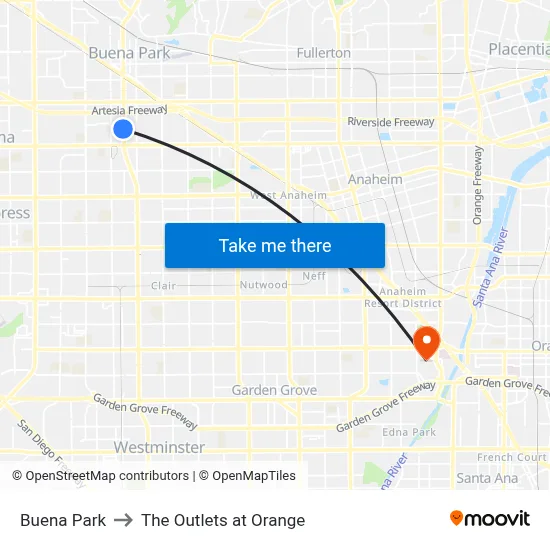 Buena Park to The Outlets at Orange map