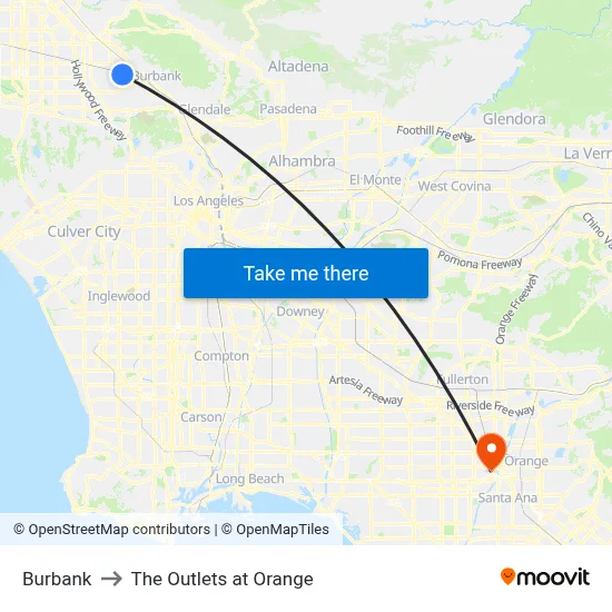 Burbank to The Outlets at Orange map
