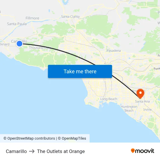 Camarillo to The Outlets at Orange map