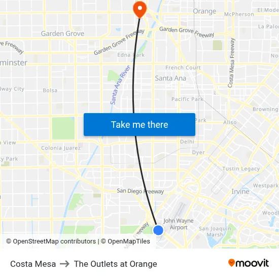 Costa Mesa to The Outlets at Orange map
