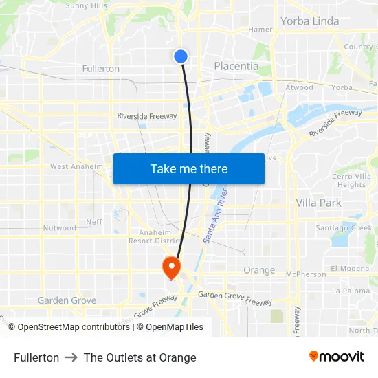 Fullerton to The Outlets at Orange map