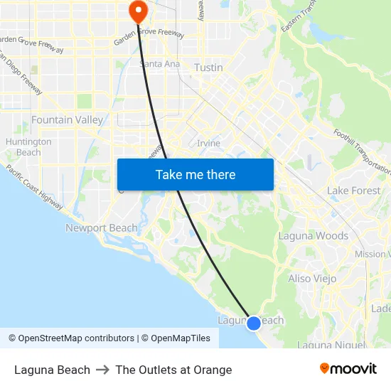 Laguna Beach to The Outlets at Orange map