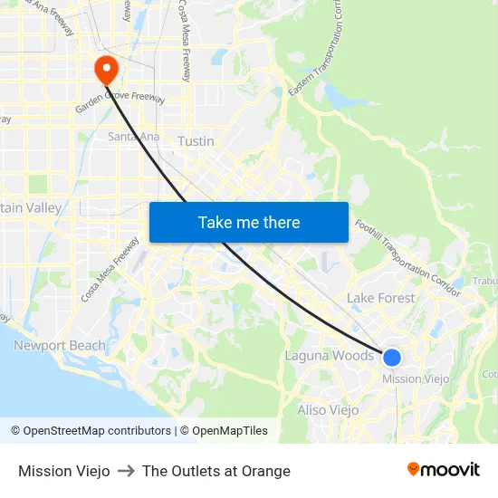 Mission Viejo to The Outlets at Orange map