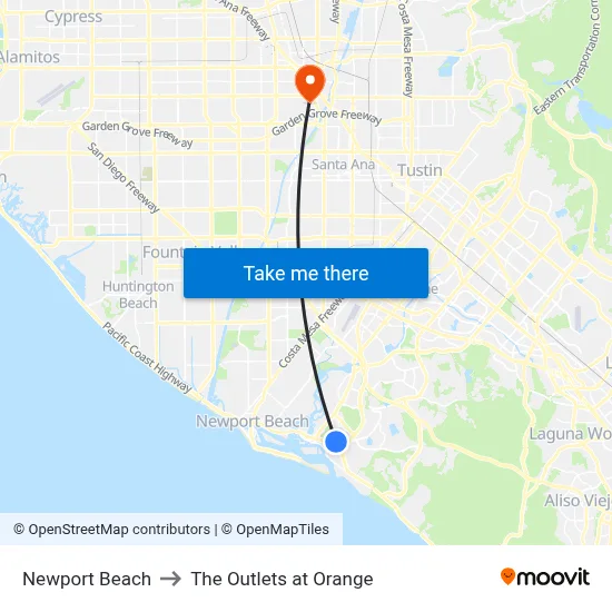 Newport Beach to The Outlets at Orange map