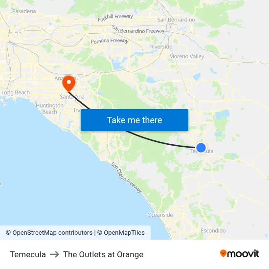 Temecula to The Outlets at Orange map