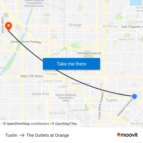 Tustin to The Outlets at Orange map