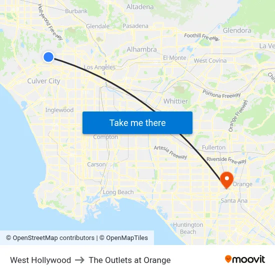 West Hollywood to The Outlets at Orange map