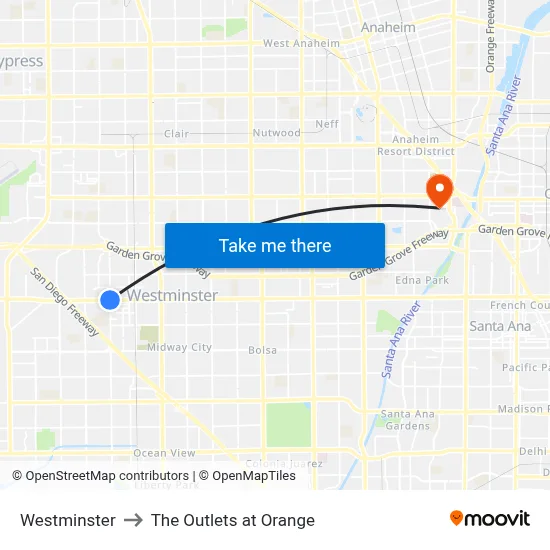 Westminster to The Outlets at Orange map