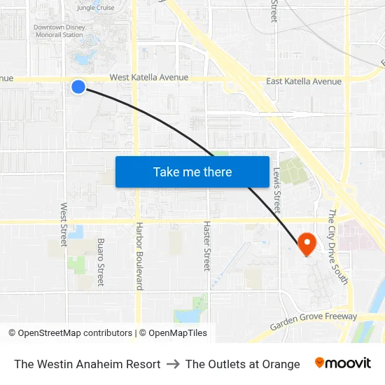 The Westin Anaheim Resort to The Outlets at Orange map