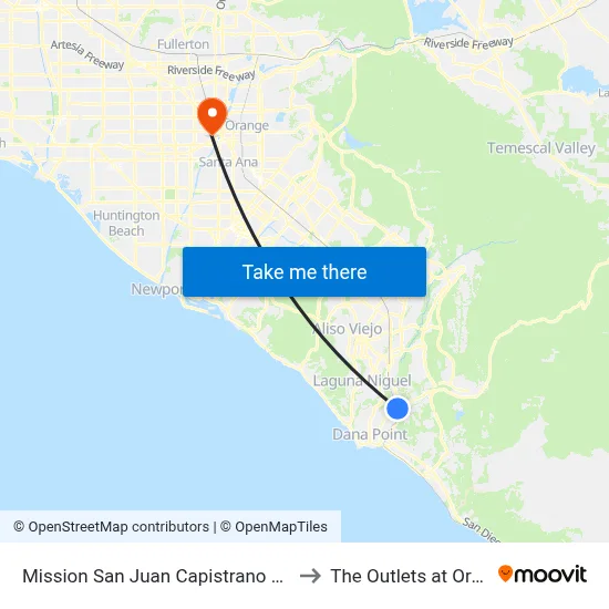 Mission San Juan Capistrano Station to The Outlets at Orange map