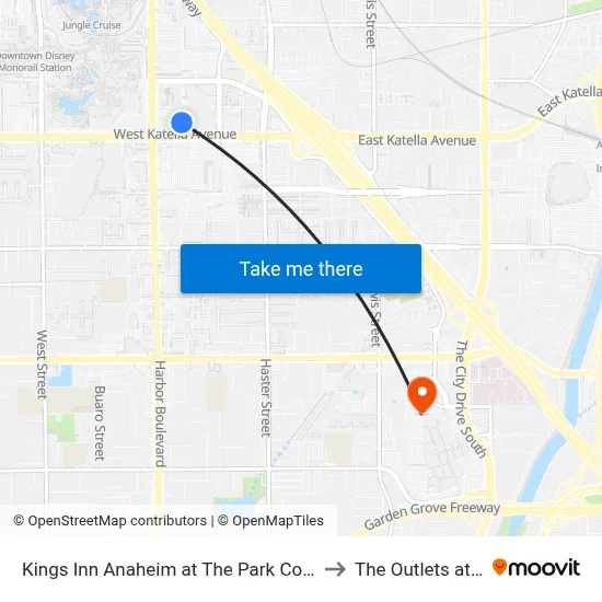 Kings Inn Anaheim at The Park Convention Center to The Outlets at Orange map