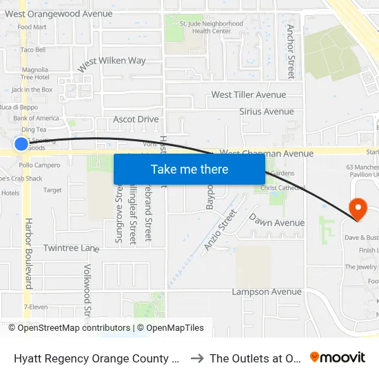 Hyatt Regency Orange County Anaheim to The Outlets at Orange map