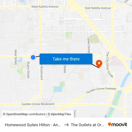 Homewood Suites Hilton - Anaheim to The Outlets at Orange map
