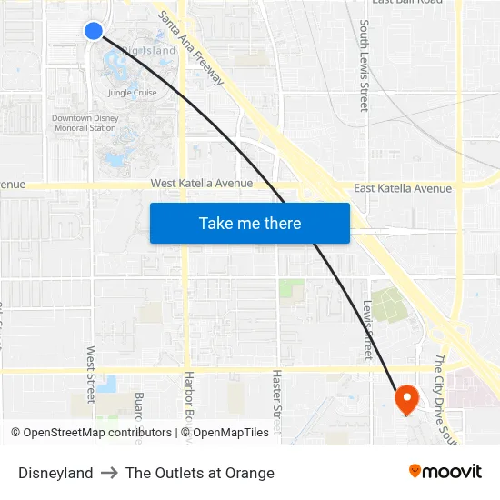 Disneyland to The Outlets at Orange map