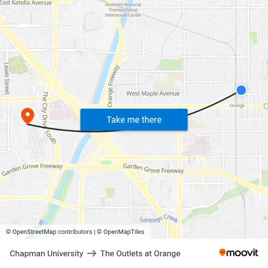 Chapman University to The Outlets at Orange map